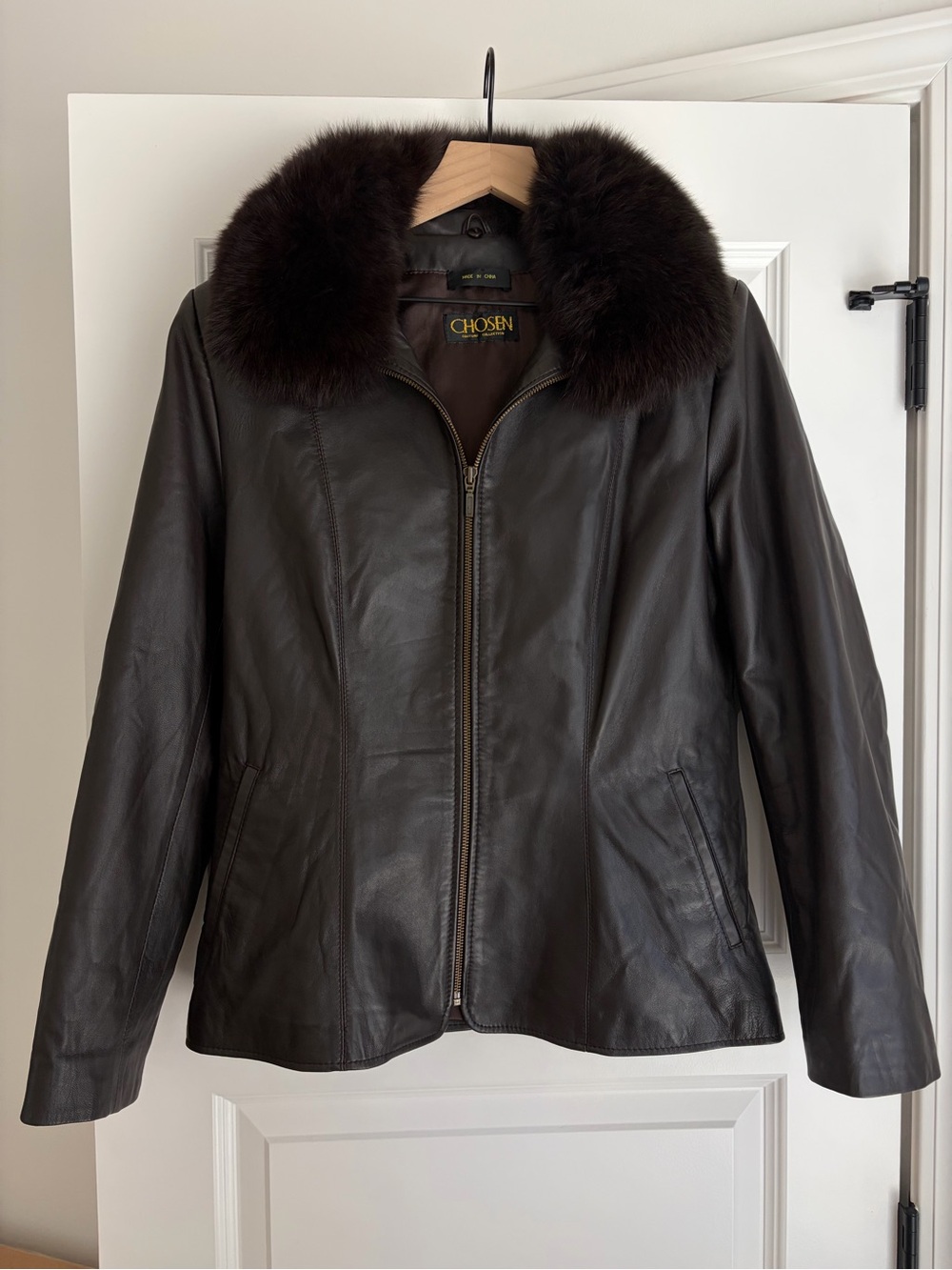 Chosen Couture Genuine Leather & Finland Dyed Fox Fur Dark Brown Jacket
